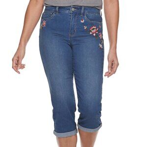 Womens Croft & Barrow Cuffed Blue Denim Jean Capris Embroidered Flowers Stretch